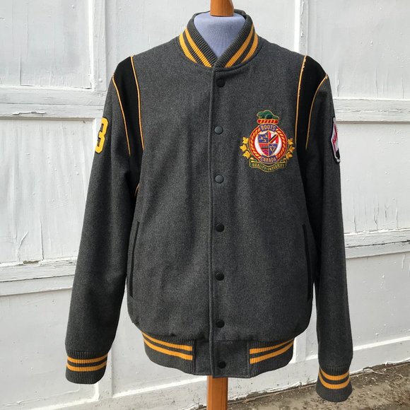 Roots Other - Roots 73 Grey Wool Blend Varsity Spellout Logo Jacket Vintage Embroidered Crest